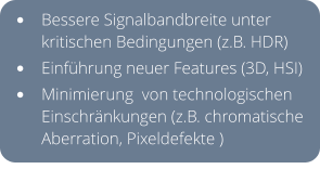 •	Bessere Signalbandbreite unter kritischen Bedingungen (z.B. HDR) •	Einführung neuer Features (3D, HSI) •	Minimierung  von technologischen Einschränkungen (z.B. chromatische Aberration, Pixeldefekte )